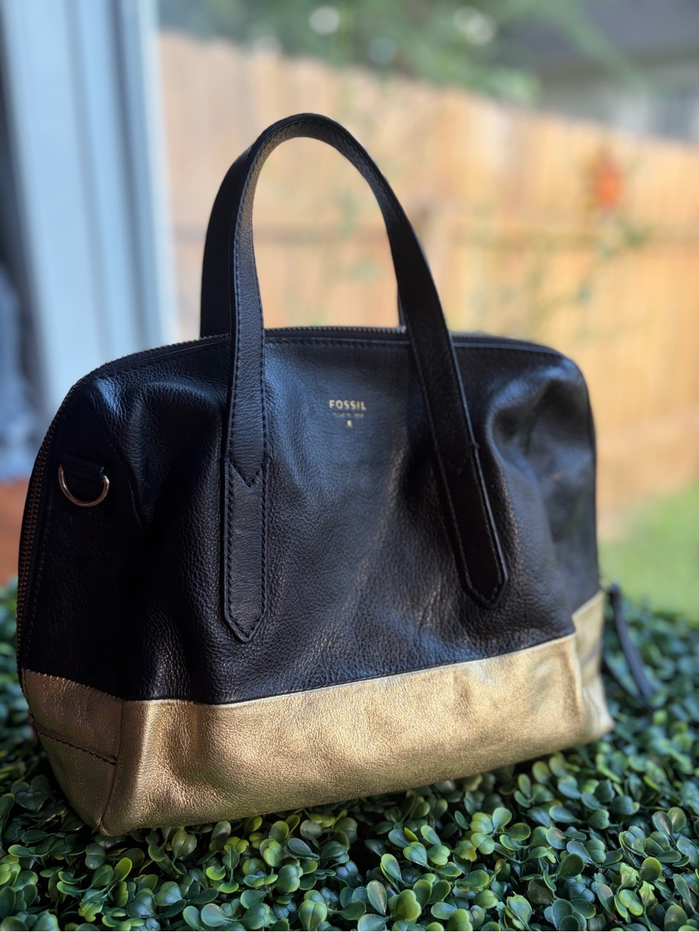Fossil Black & Gold Colorblock Leather Satchel Bag